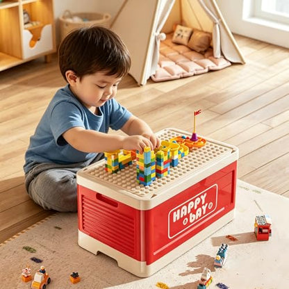 21L 22 Qt Folding Storage Box with Large Building Block Lid, Collapsible Toy Organizer Compatible with Duplo Blocks, Push Pull Storage Bin with Quiet Wheels(1pc-red) - color: Red