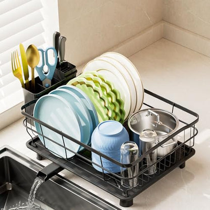 AIDERLY Auto Drain Metal Dish Drying Rack Dish Drainers, All Black | with Draining Tray, Strainer, for Kitchen Counter, Sink - color: All Black