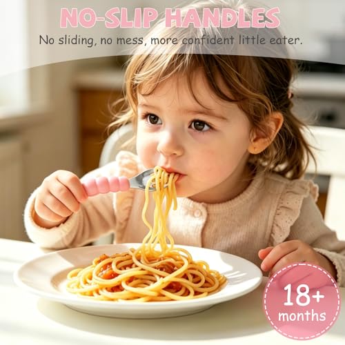 Toddler Utensils, Stainless Steel Baby Forks and Spoons Set Caterpillar Silicone Handle, Kids Silverware with Portable Storage Case, Baby Feeding Essentials, Dishwasher Safe (Pink) - color: Pink