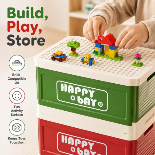 21L 22 Qt Folding Storage Box with Large Building Block Lid, Collapsible Toy Organizer Compatible with Duplo Blocks, Push Pull Storage Bin with Quiet Wheels(2pc-red+green) - color: Red+Green