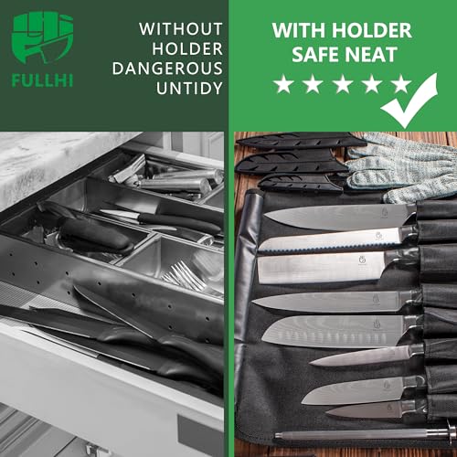 FULLHI 15pcs Japanese Knife Set with Magnetic Knife Block Holder, Japan Stainless Steel Blades, Black Resin Ergonomic Handles for Professional and Home Cooking - color: Black, size: Magnetic Block Knife set