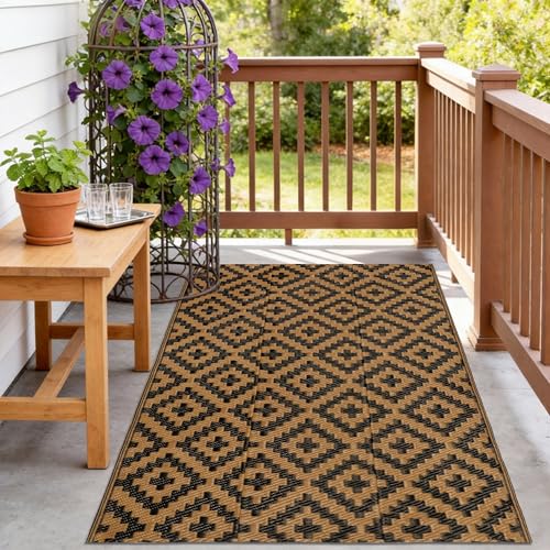 SAND MINE Reversible Mats, Plastic Straw Rug, Modern Area Rug, Large Floor Mat and Rug for Outdoors, RV, Patio, Backyard, Deck, Picnic, Beach, Trailer, Camping, Black & Brown, 3' x 5' - color: Black & Brown, size: 3' x 5'