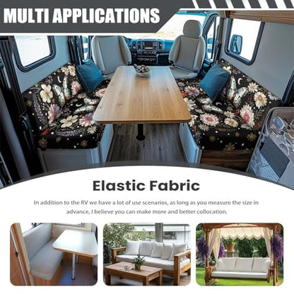 Butterfly Daisy Floral Moon Pattern RV Dinette Cushion Covers Stretch Camper Cushions Cover Replacement Couch Cushion Slipcovers for Travel Trailer Couch, 2 Sets - color: Butterfly Daisy Floral Moon