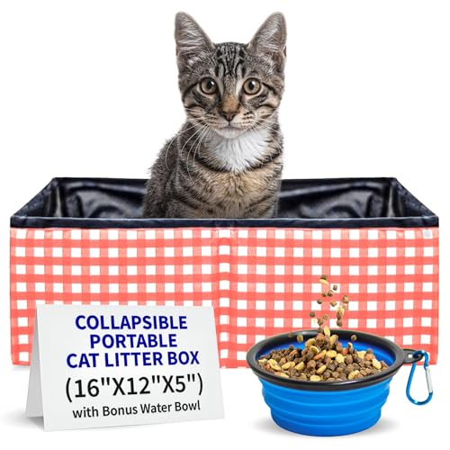 Pet Fit For Life - Vibrant Collapsible Travel Cat Litter Box - Portable, Foldable, Compact Design with Bonus Water Bowl - Ideal for Car & Camping - Reusable, Cats Safe - Coral, (16"x12"x5") - color: Coral