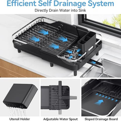 Urackify Dish Drying Rack for Kitchen Counter, Expandable Stainless Steel Dish Racks with Adjustable Water Spout, Space Saving Dish Drainer with Cutlery Holder,16.14"-23.62" L x 12.99" x 8.78",Black - color: Black