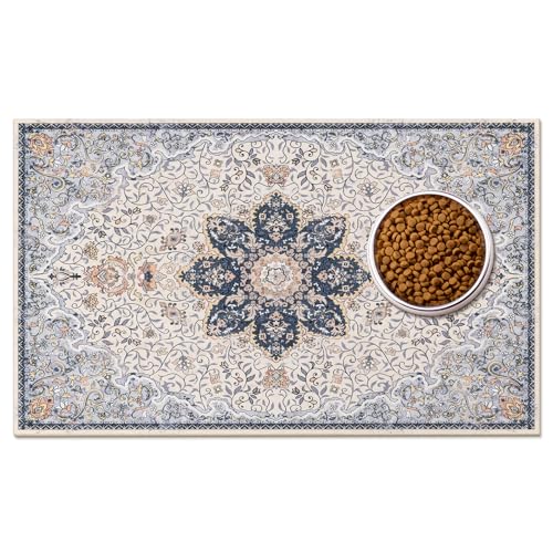 Boho Dog Feeding Mat, Absorbent Cat Matt for Food, Non Slip Pet Water Bowl Placemat Small for Floor, Cream & Blue & Terracotta Indoor Dog Eating Dish Mat 16"x24" - color: Cream & Blue & Terracotta, size: 16"L x 24"W