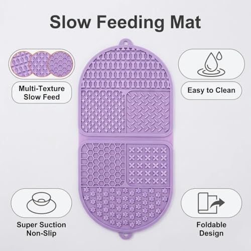 Foldable Dog Lick Mat, 142 Strong Suction Cups Silicone Slow Feeder Lick Pad with 6 Textured Zones, Anxiety Relief Mat for Bath Grooming, BPA Free for Dogs & Cats (Purple, 17.32 x 7.87in)