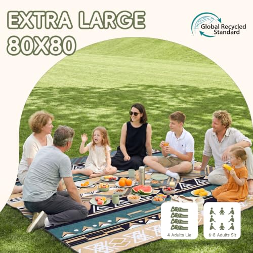 Genovega Waterproof Picnic Blanket Outdoor Camping Beach Mat Rug Extra Large Foldable Car Essential Roadtrip Gadget Accessories Glamping Tent Gear Must Haves Hiking Stuff Backpacking Necessities Gift - color: Boho Green