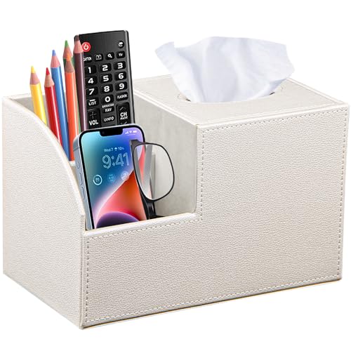 PU Leather Square Tissue Box Cover - Multi-Functional Tissue Box Holder, Tissue Box Cover with Storage,Tissue and Remote Control Holder, Cube Tissue Box Organizer Bedroom Nightstand End Table - color: Beige White