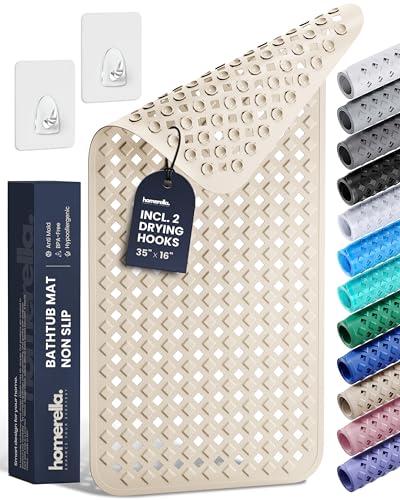 Bathtub Mat Non Slip 35x16 - homerella® Bath Mat Incl. Hooks for Drying, Extra Long, 100% BPA Free, Shower Mat Non Slip Anti Mold, Machine Washable, Shower Mats for Inside Shower Mildew Resistant - color: Sand, size: 34.5" x 15.5" (Rectangular)