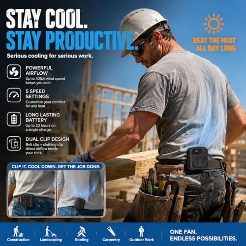SEAINGO Portable Waist Fan Rechargeable – 10000mAh, 42 ft/s Max, 5 Speeds 16000RPM, Personal Cooling Wearable Clip Body Belt Shirt Fans, Hanging Neck Fan with Light - color: Cement Gray
