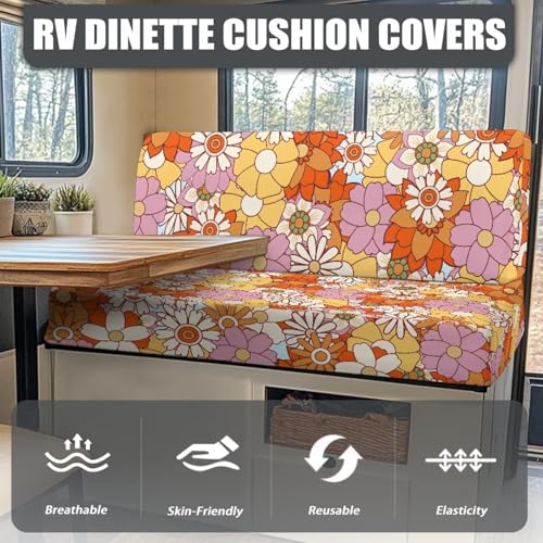 70S 80S Groovy Hippie Daisy Pattern RV Dinette Cushion Slipcovers Stretch Camper Booth Seats Replacement Cover RV Sofa Furniture Protector-Bench & Backrest Covers, 2 Sets - color: 70s 80s Groovy Hippie Daisy