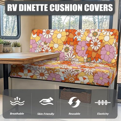 70S 80S Groovy Hippie Daisy Pattern RV Dinette Cushion Slipcovers Stretch Camper Booth Seats Replacement Cover RV Sofa Furniture Protector-Bench & Backrest Covers, 2 Sets - color: 70s 80s Groovy Hippie Daisy
