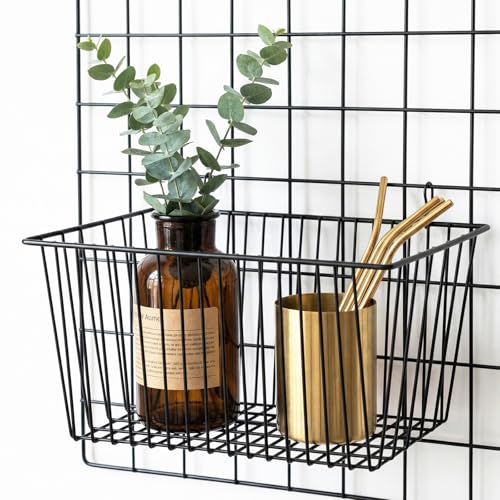 4pcs Hanging Wire Basket Set with S Hooks, 10.8''x7.8''x5.6'' Grid Panel gridwall Storage Baskets for Kitchen, Home Decor, Potted Plants Display, Black Metal Gridwall Accessories