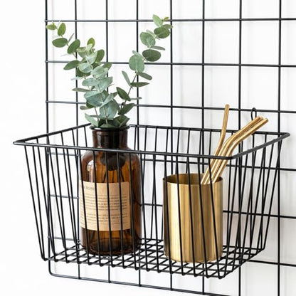 4pcs Hanging Wire Basket Set with S Hooks, 10.8''x7.8''x5.6'' Grid Panel gridwall Storage Baskets for Kitchen, Home Decor, Potted Plants Display, Black Metal Gridwall Accessories