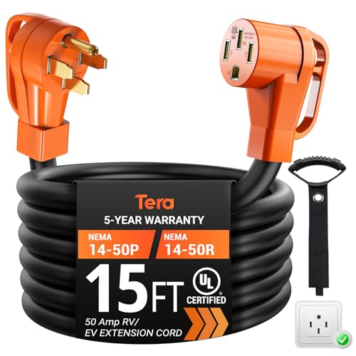 Tera Extension Cord 50 Amp RV & EV 15 FT: NEMA 14-50P to 14-50R UL Listed 4 Prong 250V Heavy Duty with Grip Handle Cord Organizer 6/3+8/1 Gauge STW RV Power Cord for Tesla J1772 - size: 15FT, style: NEMA 14-50P