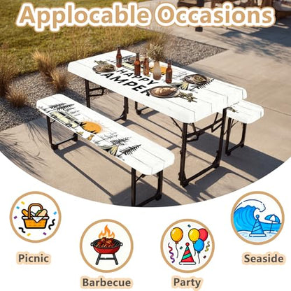 Picnic Table Cover with Bench Covers Elastic Edges, Outdoor Patio Camping Essentials 72 Inch 3PCS, Waterproof Camping Fitted Tablecloth with Handbags (Happy Camper) - color: Happy Camper, size: 72" x 30" (Rectangular)
