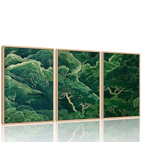 Framed 3Pcs Sage Green Japanese Forest Wall Art Ukiyoe Nature Mountain Canvas Poster Prints with Wood Frame Minimalist Zen Botanical Picture Painting for Living Room Bedroom Office Decor12x16Inch - color: Green Forest, size: 12x16 Inches