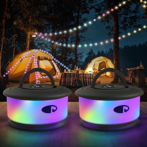 TOHETO 2-Pack Camping String Lights, 3 in 1 Upgraded Retractable RGB Outdoor String Lights with 19 Lighting Modes, Quick 30s Recovery, 32.8 FT Portable Tent Light, Rechargeable Camping Lantern (Black) - style: Black-2Pack