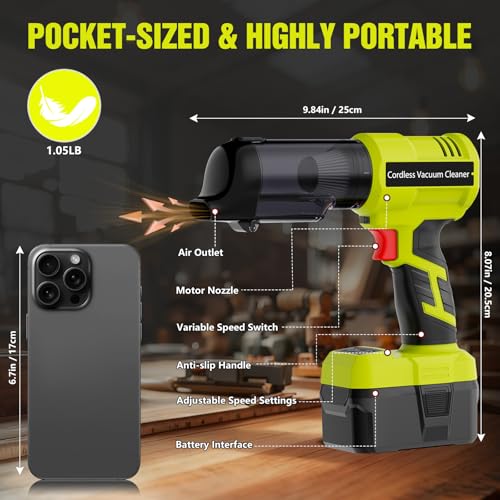 3 in 1 Handheld Vacuum Cordless Compatible with Ryobi 18V Battery, Wet&Dry Car Vacuum Portable Cordless with 22000Pa Blowing Function for Garage, Offices and Pet Messes (Tool Only)