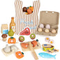 Lehoo Castle Wooden Play Food Sets for Kids Kitchen, Grocery Food Toys for Toddlers 3+ Year Old, Cutting Fruits Vegetables Meat Fish Shopping Bag, Pretend Play Kitchen Accessories Gift for Boys Girls