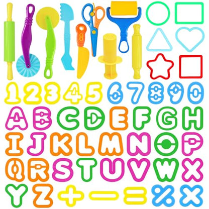 LCY WEDSHI Dough Tool Set, 56 Pcs Dough Tools Sets for Kids Ages 4-8, Dough Accessories Includes Alphabet Numbers Shapes, Cutters Roller, Rolling Pins, Safety Scissors, Plastic Knife - style: 56pcs