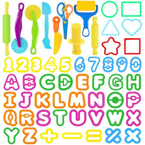 LCY WEDSHI Dough Tool Set, 56 Pcs Dough Tools Sets for Kids Ages 4-8, Dough Accessories Includes Alphabet Numbers Shapes, Cutters Roller, Rolling Pins, Safety Scissors, Plastic Knife - style: 56pcs