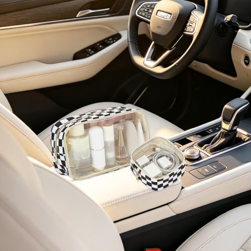 Fammart Clear Travel Makeup Bag for Women, TSA Approved Checkered Cosmetic Bag Make Up Car Organizer Case with Zipper, Large Waterproof Pouch Purse Toiletry Bag for Skincare, Brushes Travel Essentials - color: Clear, 2PCS - Black Checkered