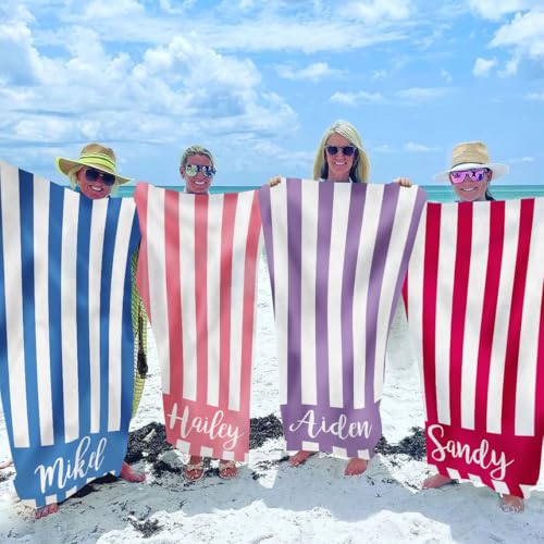 MeMoShe Personalized Beach Towel with Name Custom Microfiber Kids Beach Towels Sand Free Quick Dry Pool Towel Blanket Stripes Print Beach Towels for Adults 30x60 Inch-Light Purple - color: Light Purple 2