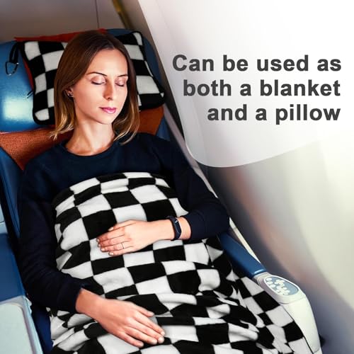 Travel Blanket and Pillow Compact, Premium Soft 2 in 1 Airplane Blanket with Soft Bag Pillowcase，Hand Luggage Sleeve and Backpack Clip (Checkered Black) - color: Checkered Black