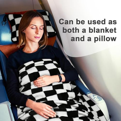 Travel Blanket and Pillow Compact, Premium Soft 2 in 1 Airplane Blanket with Soft Bag Pillowcase，Hand Luggage Sleeve and Backpack Clip (Checkered Black) - color: Checkered Black