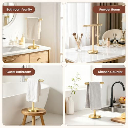 Hand Towel Holder Stand for Bathroom Countertop in Stainless Steel | Weighted base keeps towels stable and doubles as a display stand for jewelry, watches and hair accessories. - color: Golden-1 Pack