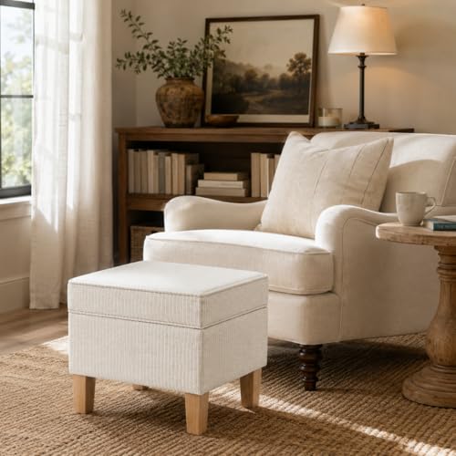 HomePop 22" Modern Rectangular Storage Ottoman - White Woven Stripe - color: White Woven Stripe
