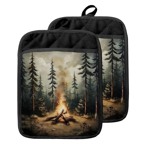 Vintage Forest Rustic Campfire Pot Holders with Pockets, Gifts for Camping Lovers, Camper Gifts Oven Pot Holders Heat Resistant Oven Mitts Hot Pads for Kitchen Baking Cooking - color: Campfire-c