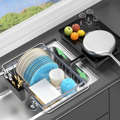 LEMIKKLE Sink Dish Drying Rack - Expandable Small Dish Rack Over Sinks with Drying Tray, Dish Drainer for Kitchen Counter with Cutlery Holder, Drying Rack Fit for 14’’-19’’ Kitchen Sink - color: Gray + Expandable Rack
