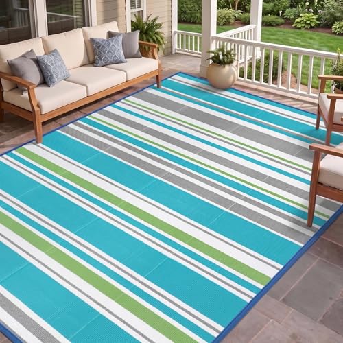 Outdoor Patio Rug Waterproof Camping - Outdoor Plastic Straw Rug Area Carpet Clearance for Outside, Porch, RV Camper, Picnic, Balcony & Backyard, Patio Decor, Clearance - color: Turquoise Grey, size: 5x8ft