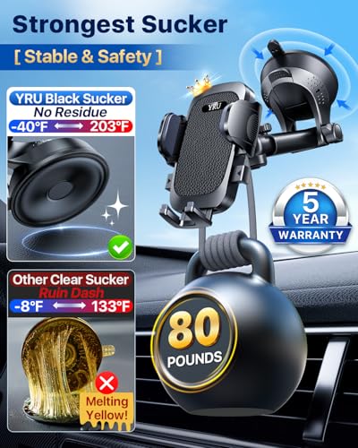 [True Upgrade for Safety] YRU Car Phone Holder Mount [Patent & Military-Grade] Dashboard Cell Phone Holder for Car Vent Windshield Phone Stand for iPhone17 16 15 14 13Pro Max Truck Samsung, Dark Black - color: Dark Black