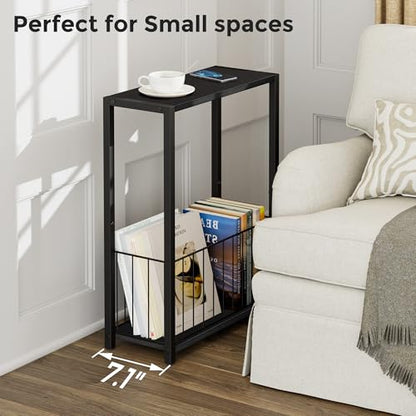 Homleke Narrow Side Tables Set of 2 with Magazine Holder, Skinny End Tables Perfect for Small Spaces, Space-Saving Design for Living Room, Bedroom, or Office, 7.1" D x 16.9" W x 23.6" H, Black - color: Black - Standard