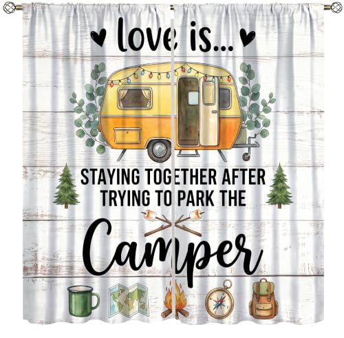 Camping Travel Curtain Funny Quotes Tree Plant Rustic Yellow Campervan Farmhouse Nature Art Printed Rod Pocket Window Treatments for Bedroom Living Room Decor 42" W X 45" L - color: Camping-16, size: 20.5"W x 45"L (Pack of 2)