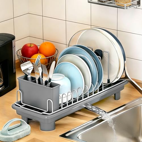 Compact Dish Drying Rack for Countertop, Small-Sized for Dorms, RVs & Tiny Kitchens, Auto-Drain, Adjustable Slots, Rust-Resistant with Utensil Caddy & Sponge Holder (G er y) - color: G Er Y