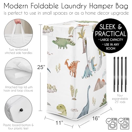 Sweet Jojo Designs Laundry Hamper (Watercolor Dinosaur Dino) for Boys, Foldable Dirty Clothes Basket with Handles for Baby Nursery, Kids Bedroom, Teen Bathroom (Blue, Modern Dinosaurs Jurassic Nature) - color: Blue Dinosaur