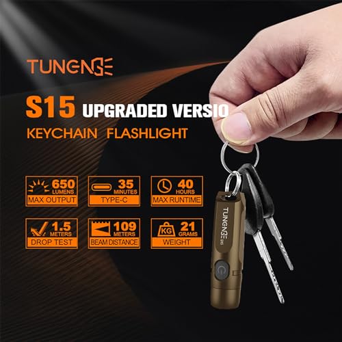 S15 Keychain Flashlight- Super Bright 650 High Lumens,UCB C Rechargeable EDC Pocket Flashlight,Mini Flashlight-Light with Magnetic Suitable for Hiking, Emergency (Brown) - color: Brown