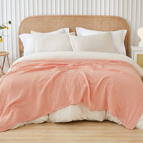 EMME Cotton Throw Blanket for Couch Soft Muslin Blankets 50"x60" Lightweight Breathable Blanket All Season Gauze Blanket, Pink - color: Pink, size: Throw (50" X 60")
