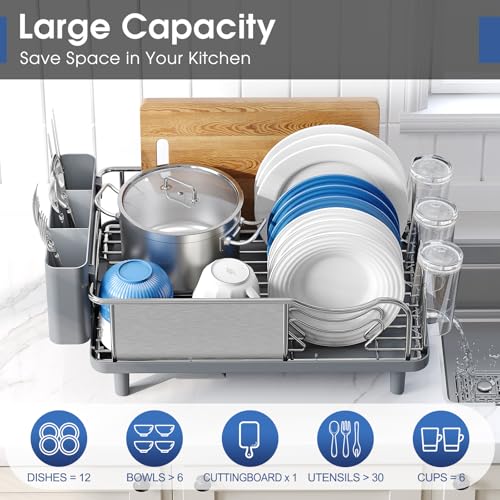 Urackify Stainless Steel Dish Drying Rack - Large Capacity Kitchen Counter Organizer with Drain Board, Utensil Holder & Detachable Cup Shelf, 304 Surgical-Grade Rust-Proof Dish Drainer, Easy Assembly - color: Gray