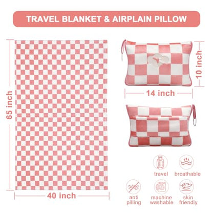 Travel Blanket and Pillow Compact, Premium Soft 2 in 1 Airplane Blanket with Soft Bag Pillowcase，Hand Luggage Sleeve and Backpack Clip (Ckeckered Pink) - color: Checkered Pink