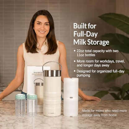 22oz Premium Stainless Steel Breast Milk Cooler, 360° Cooling Gel Ring, 24-Hour Cold Storage, 2 BPA-Free 11oz Bottles, Leak-Proof, Designed for Working Moms and Full-Day Outings - size: Pro Cooler 22 Ounce