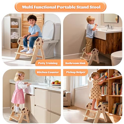Beech Wooden Toddler Step Stool, 2-Step Foldable Stool for Kids with Non-Slip Surface, Baby Bathroom Stool for Potty Training, Bathroom Sink, Kitchen Counter with Cute Mushroom Design - style: Mushroom