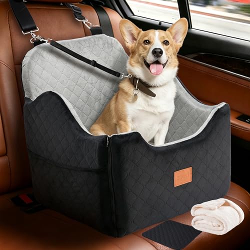 XEEP Dog Car Seat Bed for Small/Medium Dogs – Dog Booster Car Seat Up to 35 lbs -Use Travel Booster Seat with Memory Foam, Safety Belt, Bonus Urine Pad & Blanket, Removable Washable (Black/Grey)