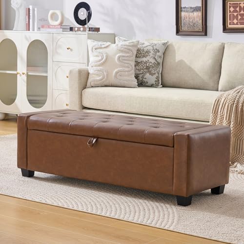 Huatean Home 48" Ottoman with Storage, Storage Ottoman Bench with Safety Hinge, Upholstered Entryway Bench with Seating for Bedroom, Living Room, Holds up to 330 lb, Brown - color: Brown, size: 19.7"D x 48"W x 16.9"H