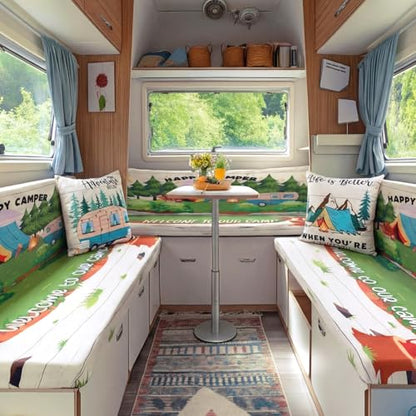 Geyoga 6 Pcs Happy Camper Rv Dinette Cushion Covers Stretch Washable Rv Cushion Covers Camper Accessories for Campers Car Bench, 2 Pillowcase, 2 Backrest and 2 Bench Replacement